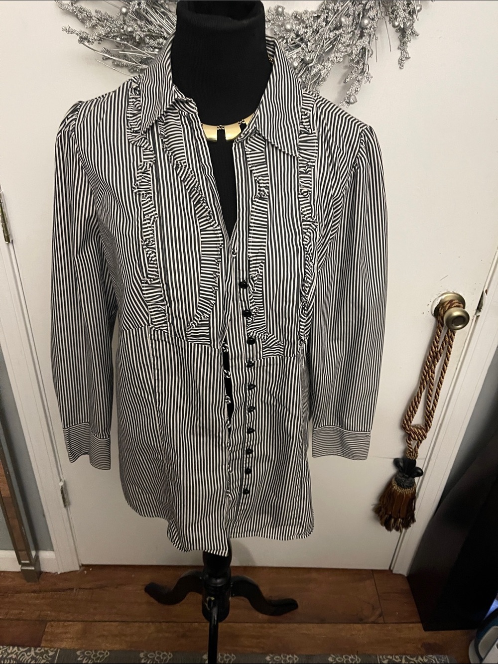 Worthington Black and White Striped Ruffle Front Button Blouse
